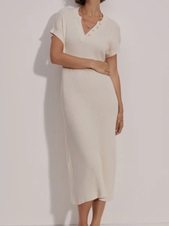 Varley Dresses & Skirts - Varley Aria Ribbed Knit Cotton Short Sleeve Midi Dress in Cream